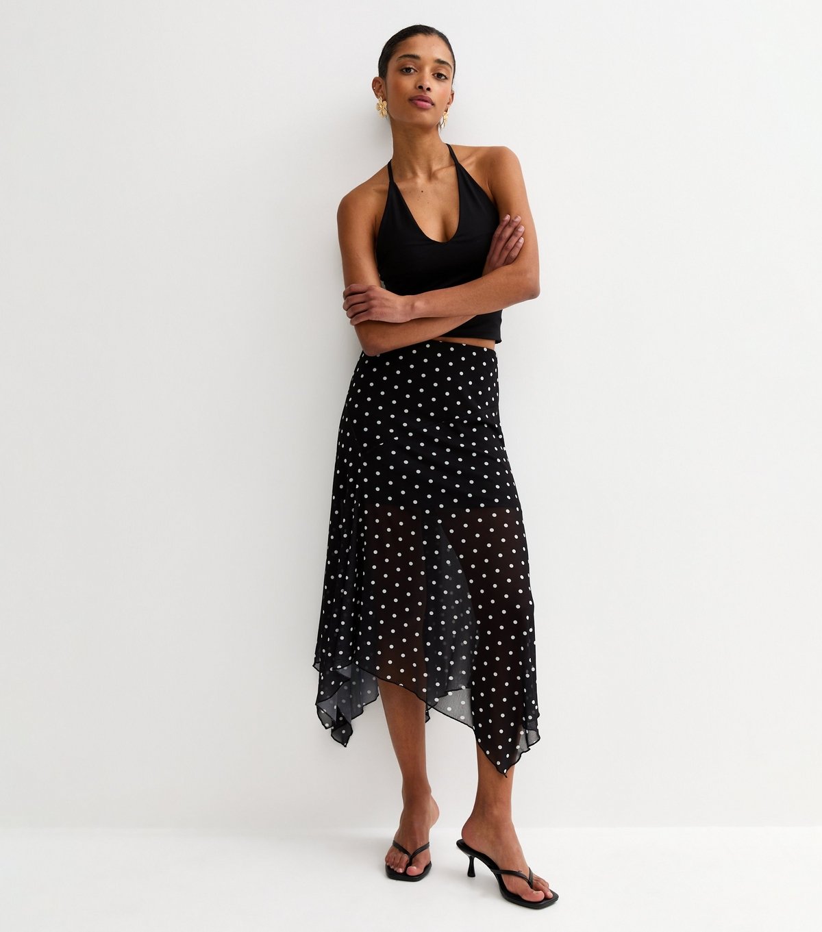 New Look Women's Black Mesh Polka Dot Hanky Hem Midi Skirt New Look - 2