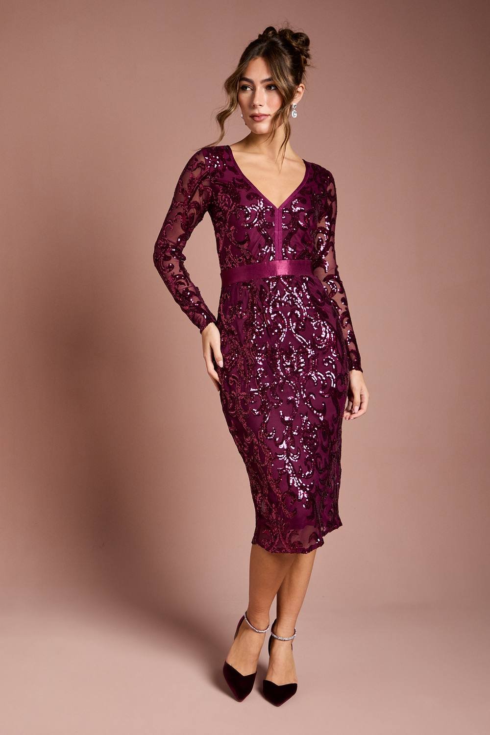 Coast Coast Women's Long Sleeve Bodycon Sequin Midi dress in Burgundy - 2