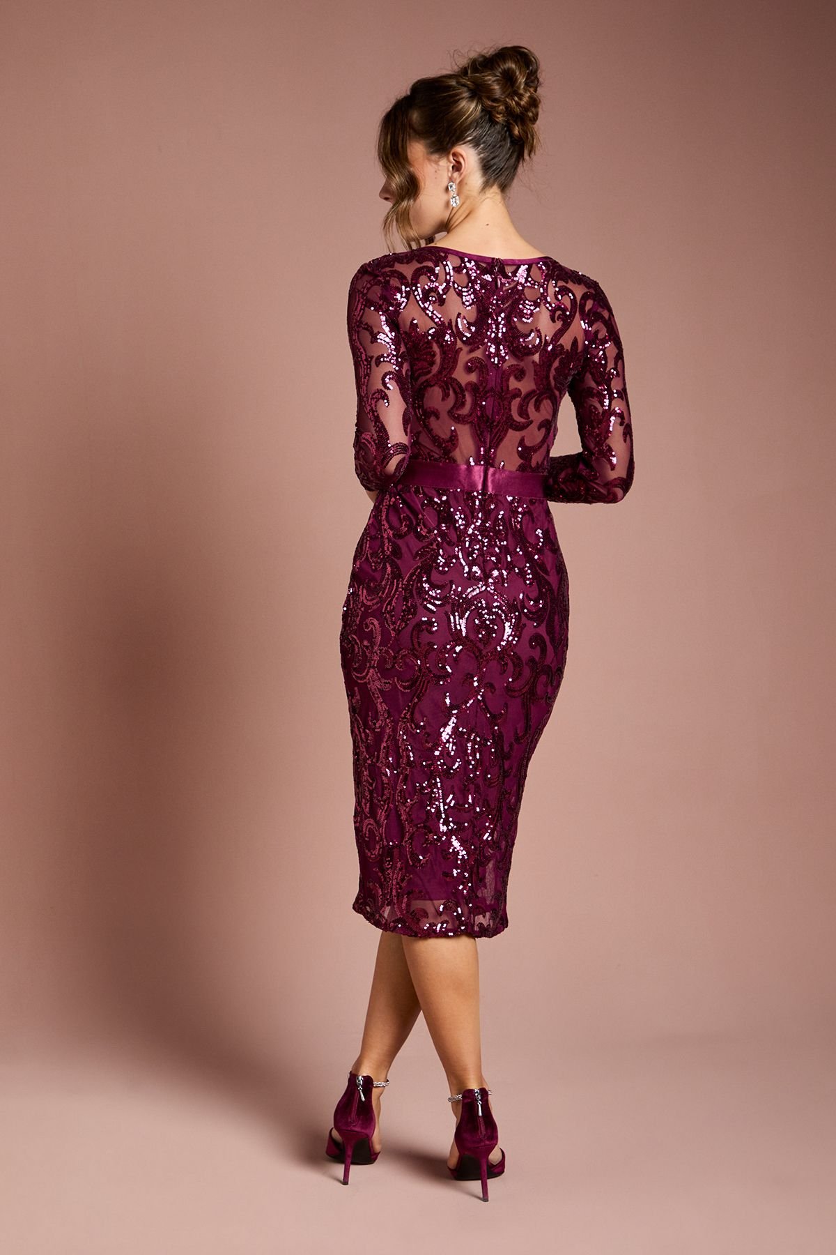 Coast Coast Women's Long Sleeve Bodycon Sequin Midi dress in Burgundy - 3
