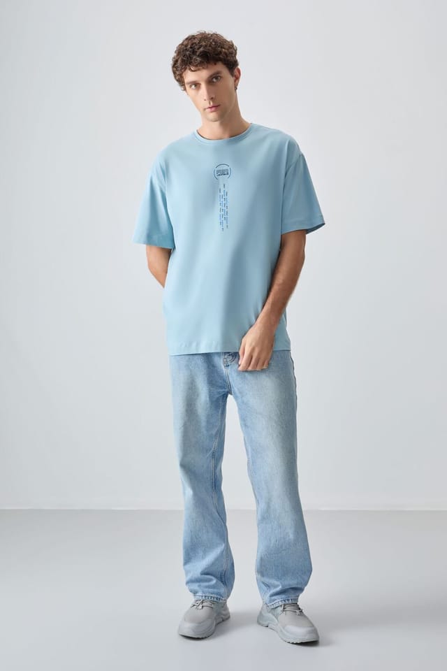 Tommy Life Tommy Life Men's Oversized Cotton Text Print Crew Neck T-Shirt in Baby Blue - 2