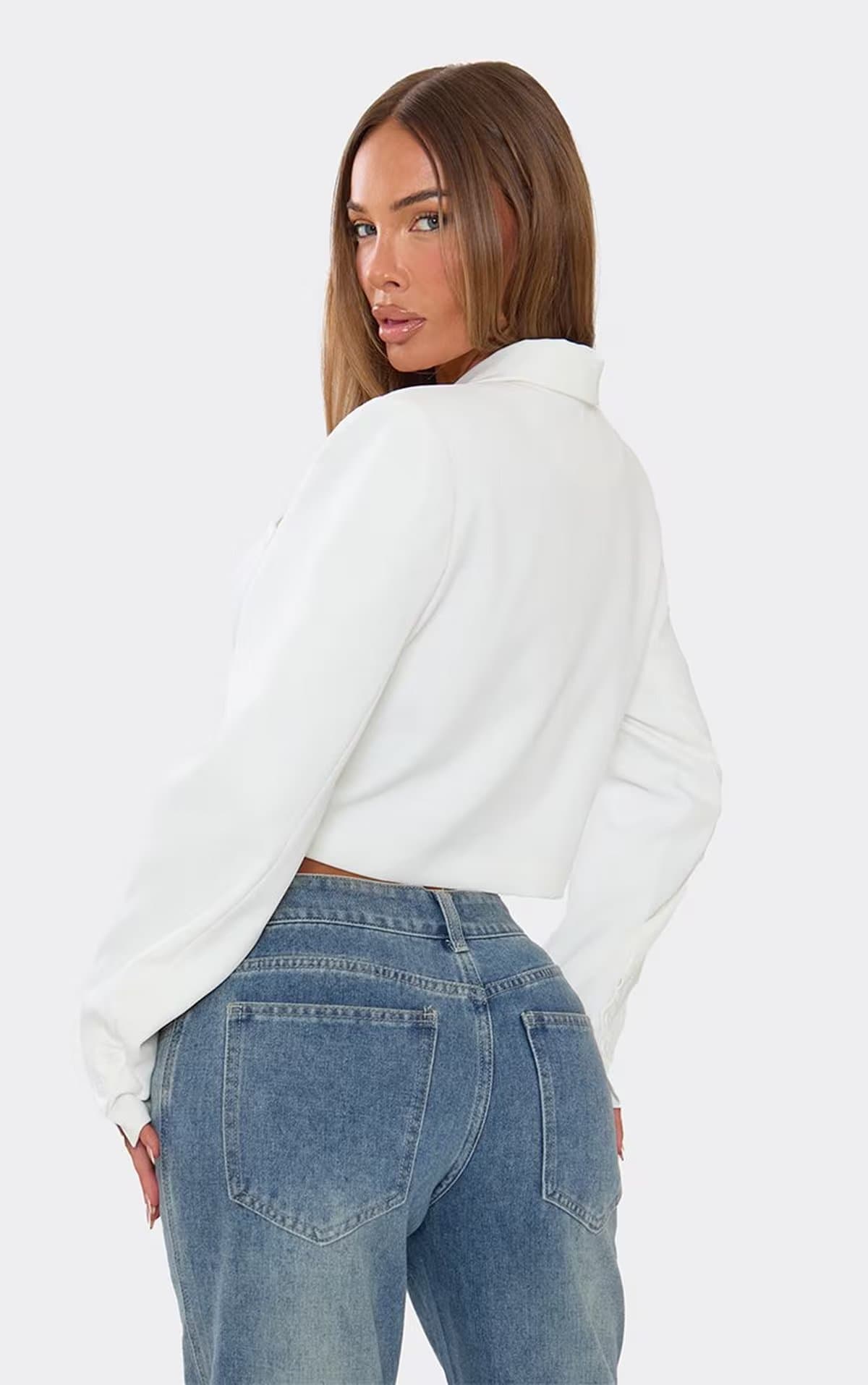 EGO Long Sleeve Shoulder Pad Tailored Cropped Blazer In Ivory., Women's Size UK 6