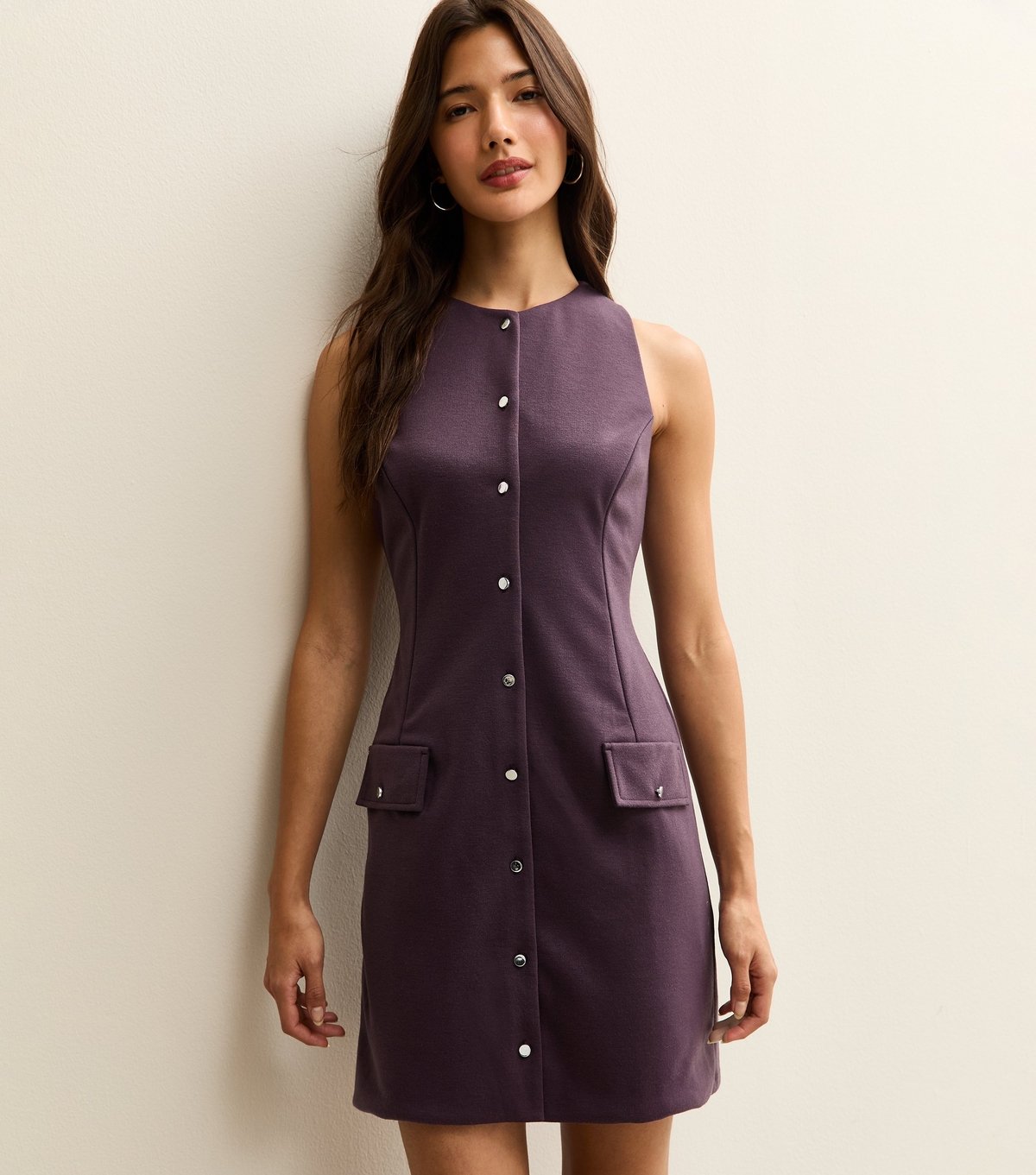New Look Women's Purple Panelled Button Up Mini Pinafore Dress New Look - 1