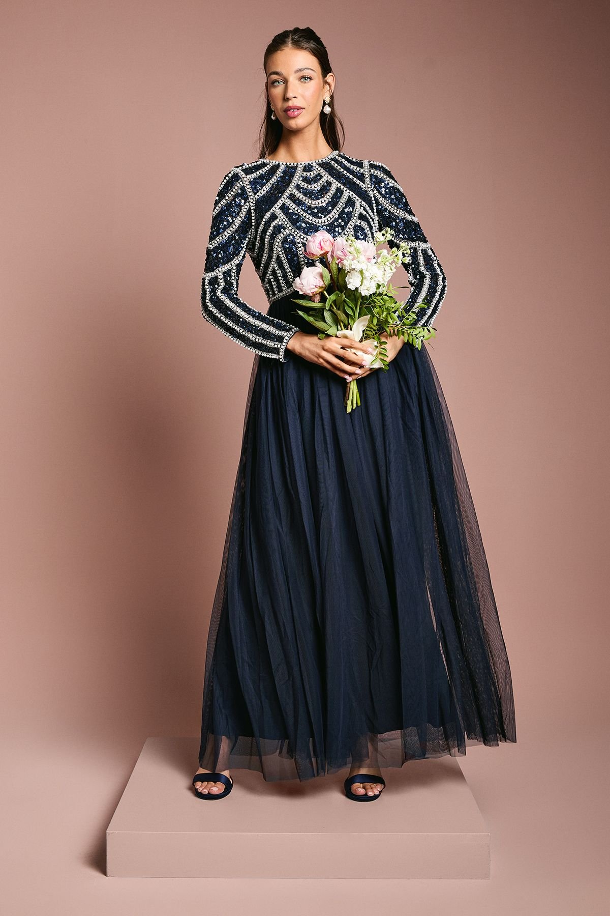 Coast Coast Women's Honoured Long Sleeve Sequin Bodice Tulle Skirt Maxi Bridesmaid Dress in Navy - 2