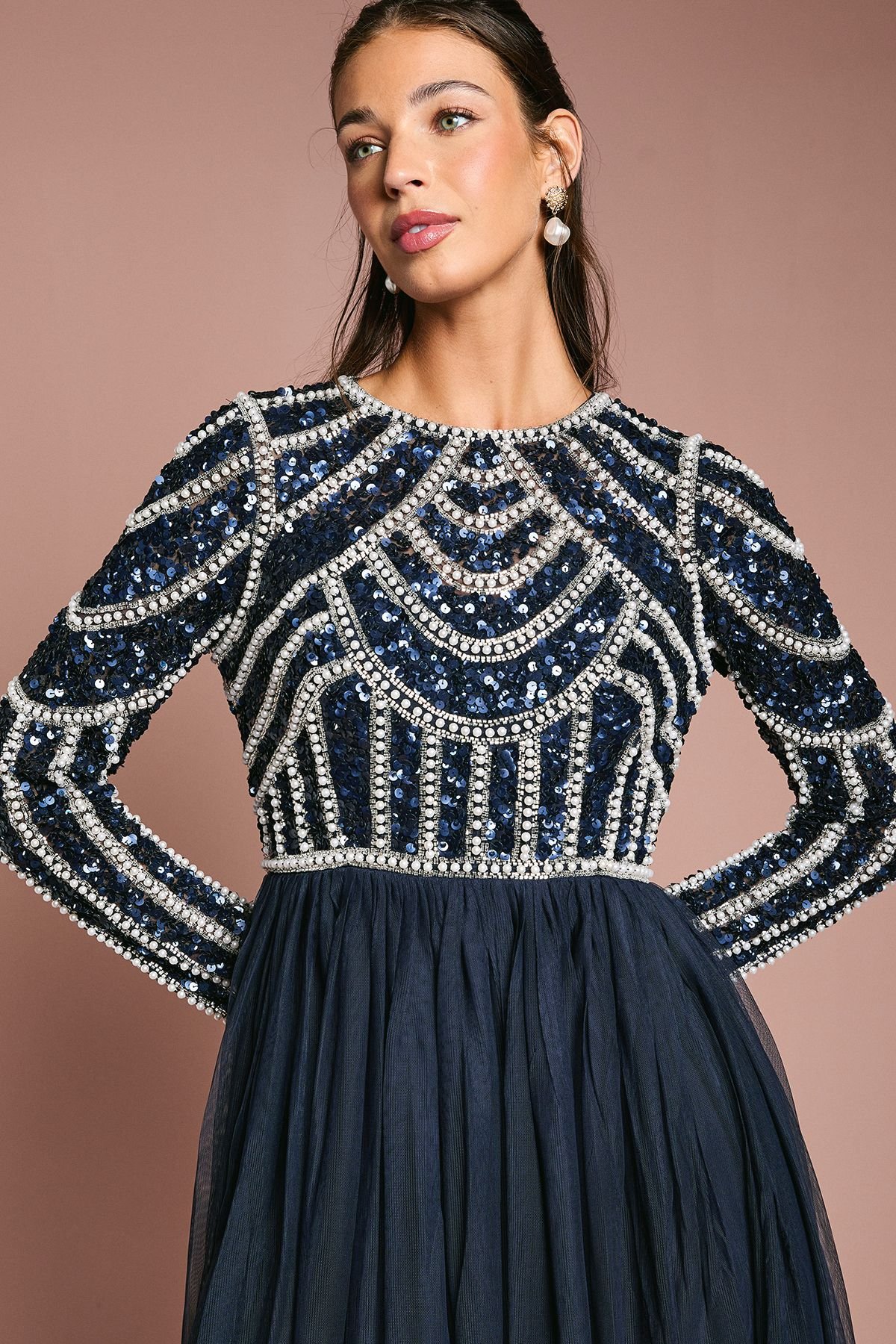 Coast Coast Women's Honoured Long Sleeve Sequin Bodice Tulle Skirt Maxi Bridesmaid Dress in Navy - 3