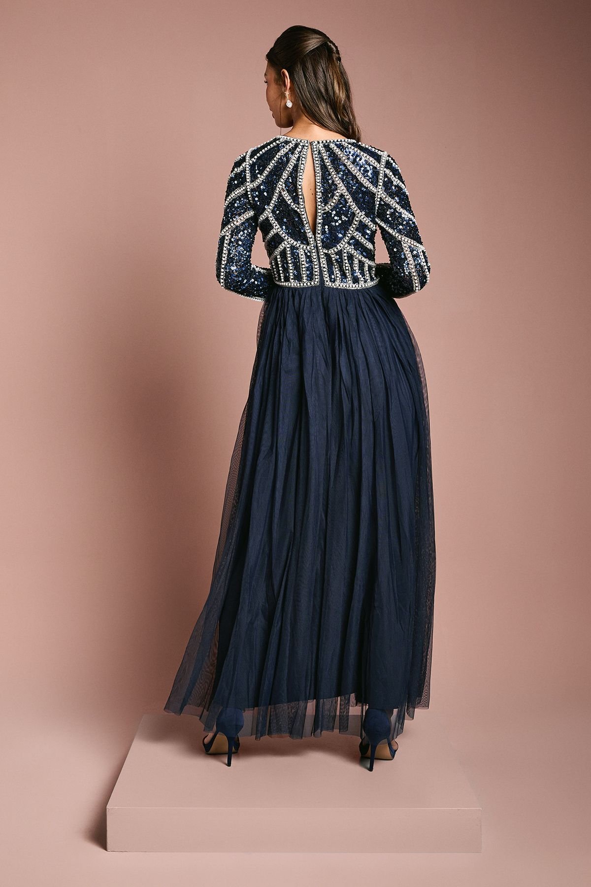 Coast Coast Women's Honoured Long Sleeve Sequin Bodice Tulle Skirt Maxi Bridesmaid Dress in Navy - 4