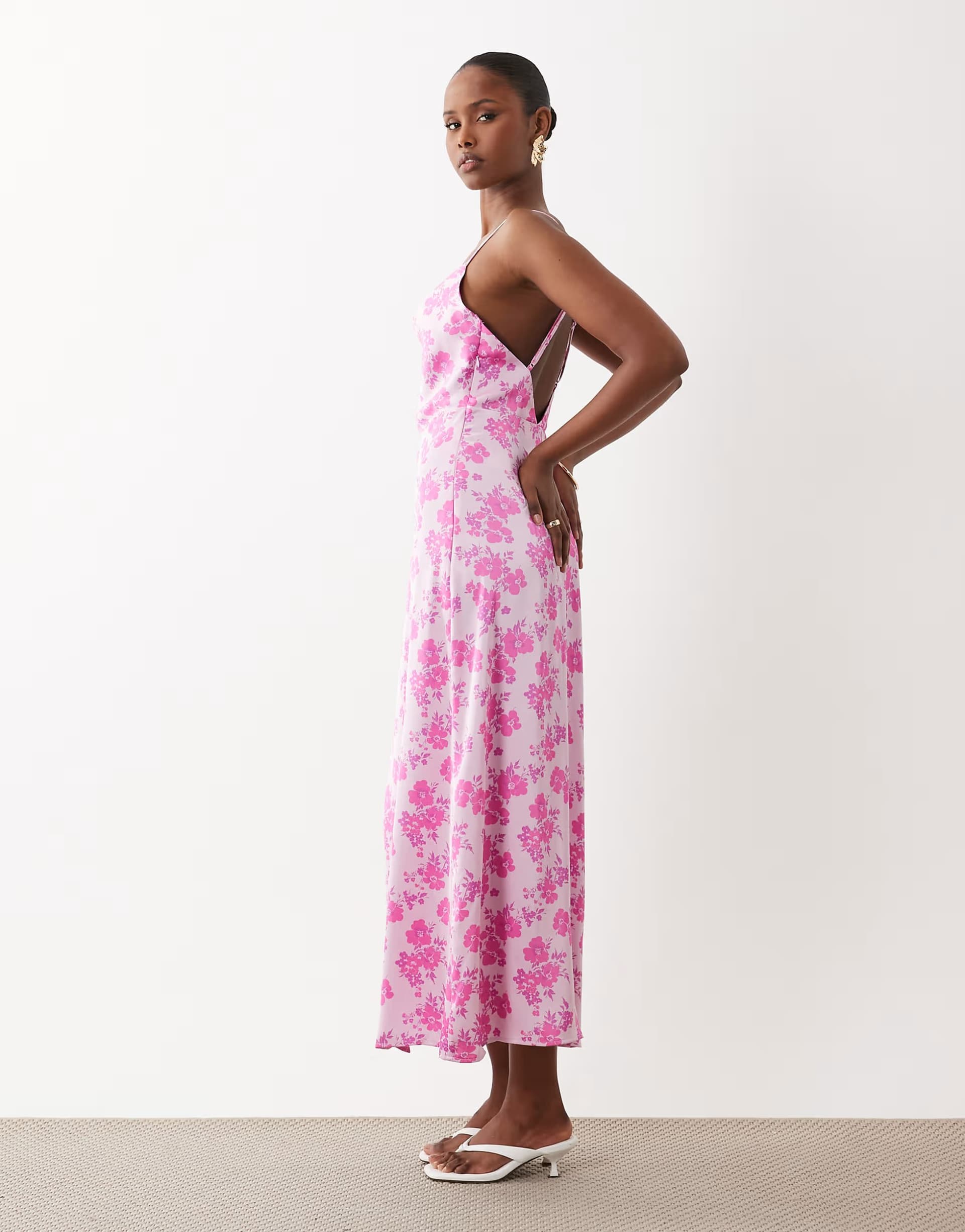 ASOS Vila satin cowl neck maxi dress in pale pink ditsy floral print