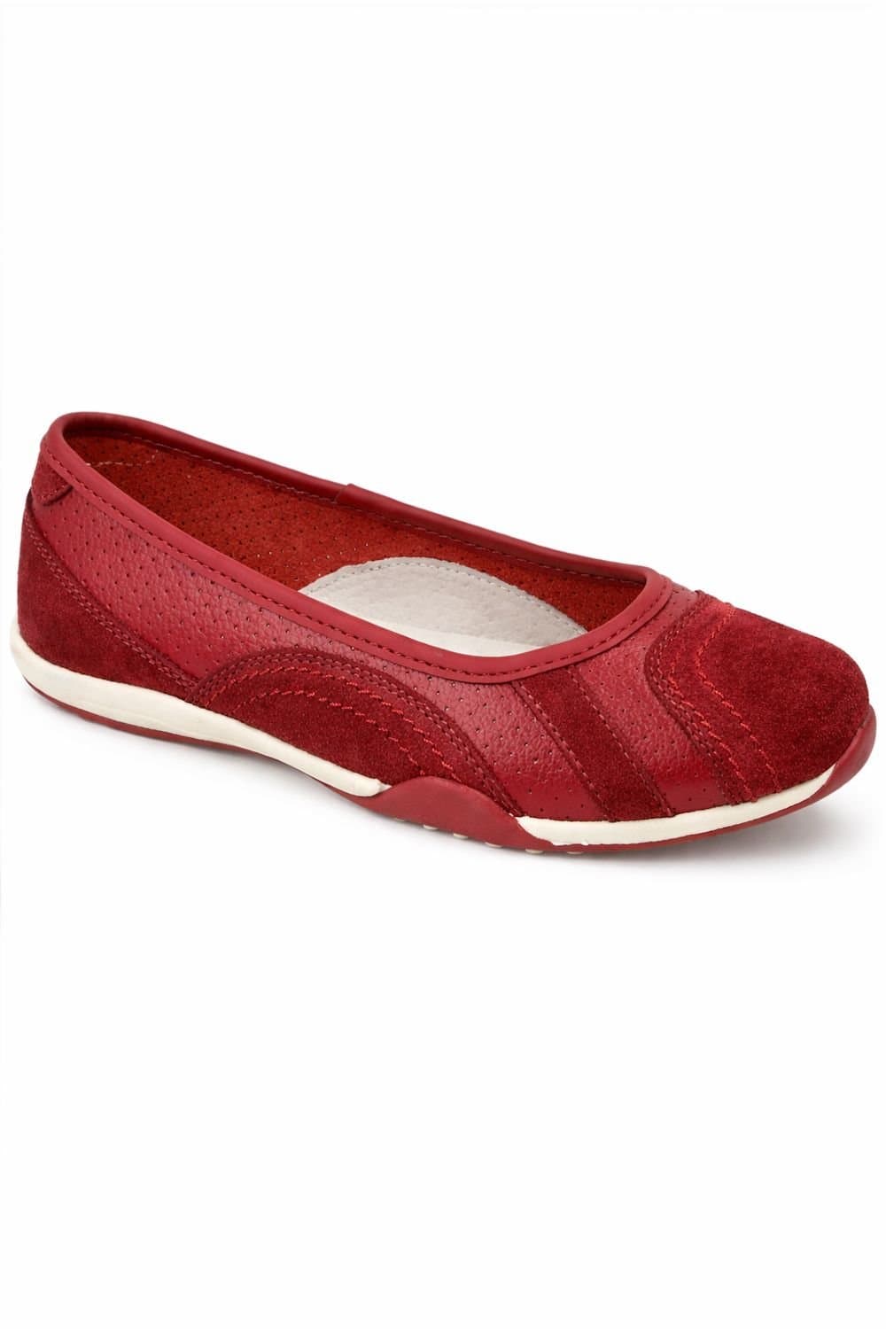 Down To Earth Down To Earth Women's Perforated Action Leather Ballet Pump with Contrast Sole in Burgundy