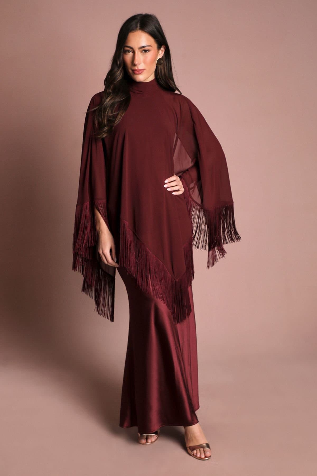 Coast Coast Women's Muse High Neck Cape Detail Crepe Fringe Maxi Dress in Burgundy
