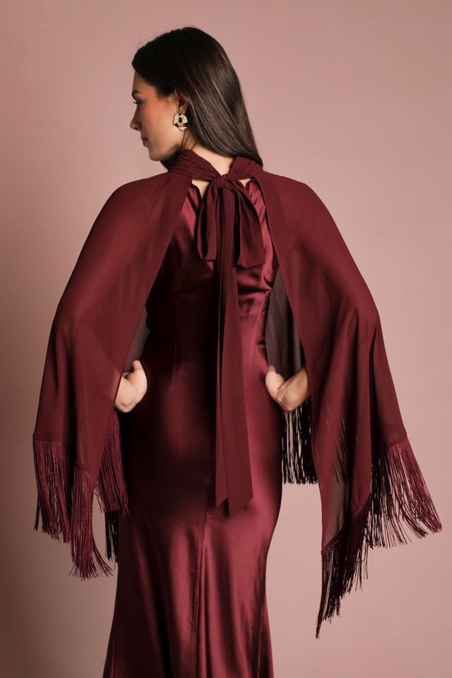 Coast Coast Women's Muse High Neck Cape Detail Crepe Fringe Maxi Dress in Burgundy - 2