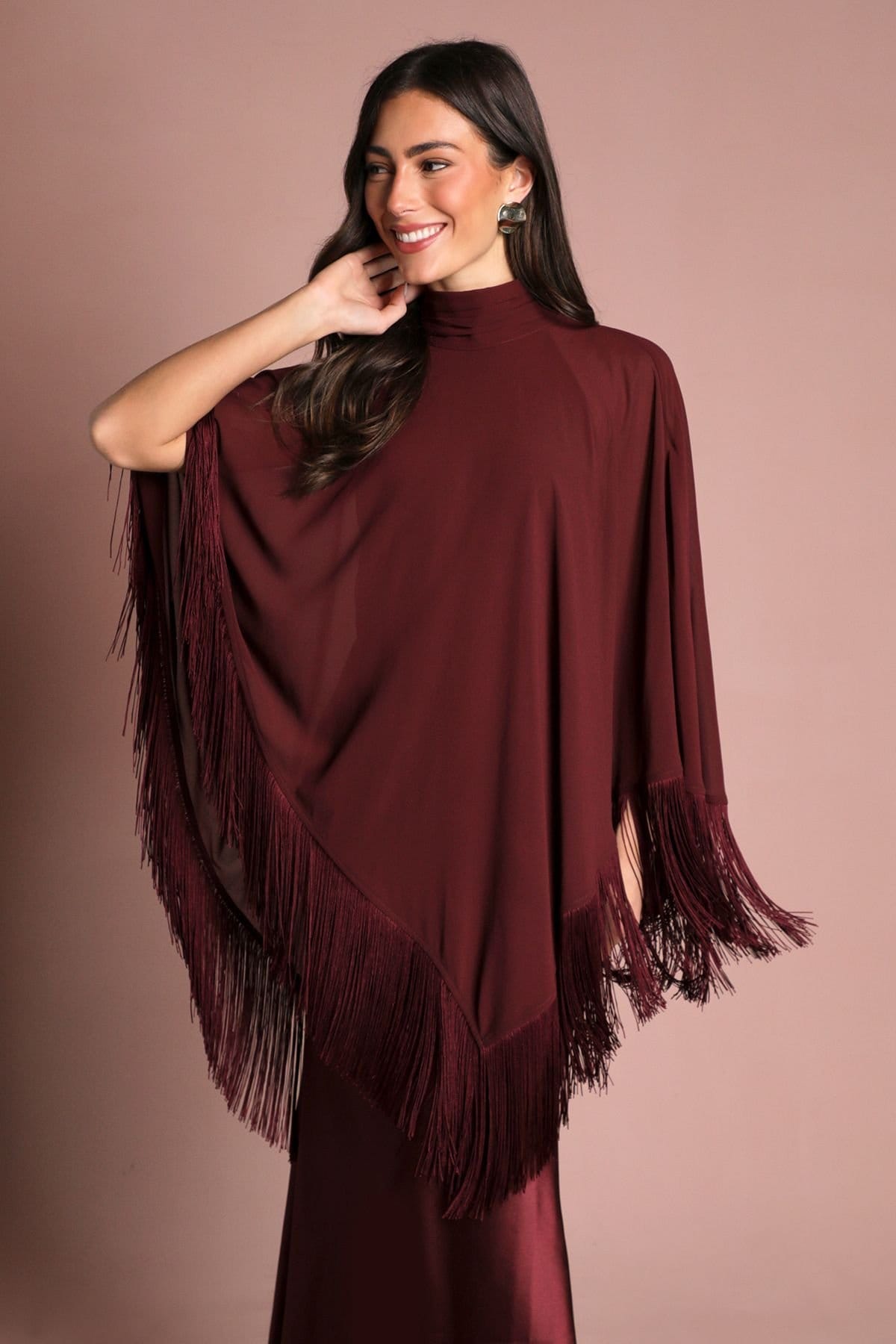Coast Coast Women's Muse High Neck Cape Detail Crepe Fringe Maxi Dress in Burgundy - 4