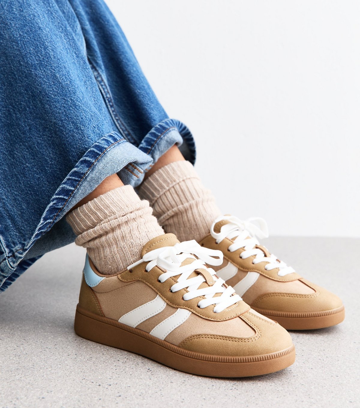 New Look Women's Camel Faux Suede Contrast Panelled Lace Up Trainers Vegan New Look - 2