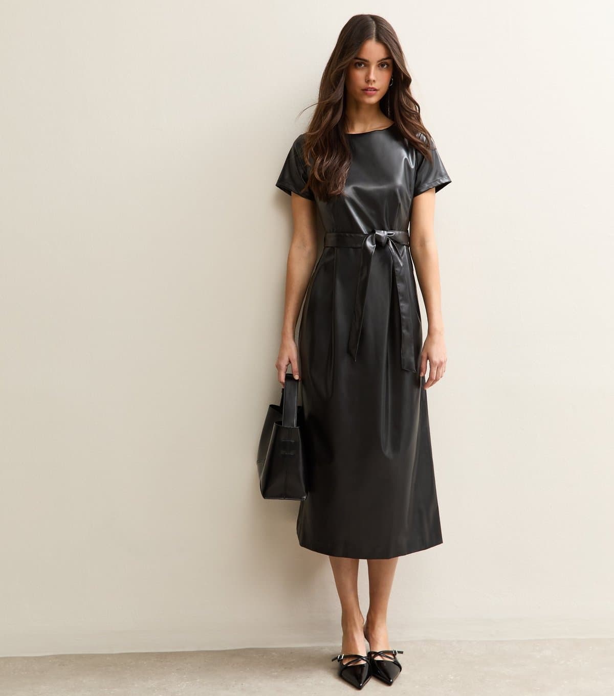 New Look Women's Black Faux Leather Belted Midi Dress New Look