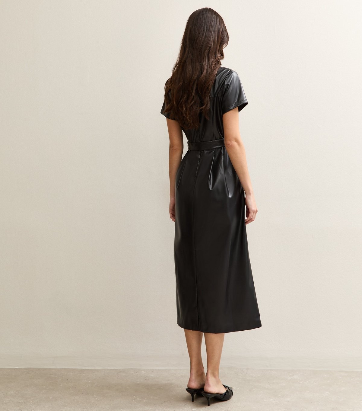 New Look Women's Black Faux Leather Belted Midi Dress New Look - 4