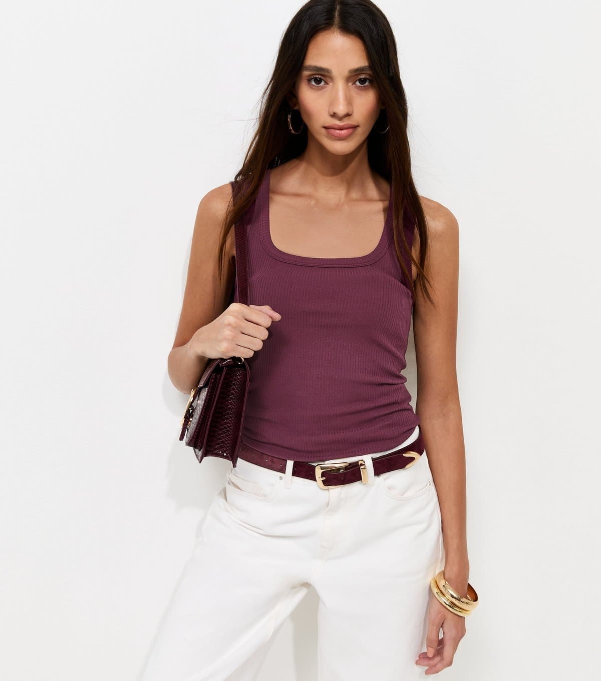 New Look New Look Dark Burgundy Ribbed Cotton Rich Square Neck Vest