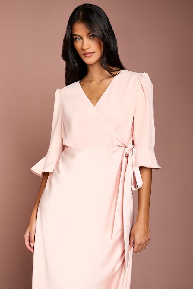 Coast Coast Women's Petite Ruffle Sleeve Satin Back Crepe Wrap Dress in Blush - 2