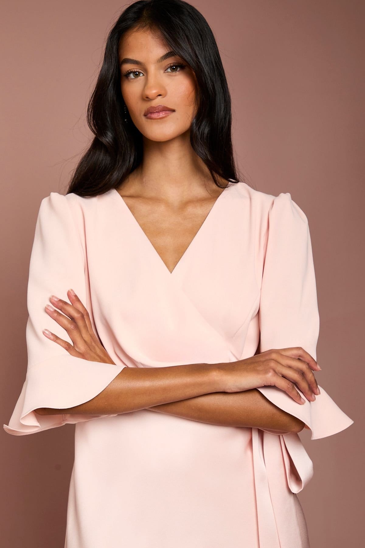 Coast Coast Women's Petite Ruffle Sleeve Satin Back Crepe Wrap Dress in Blush - 4