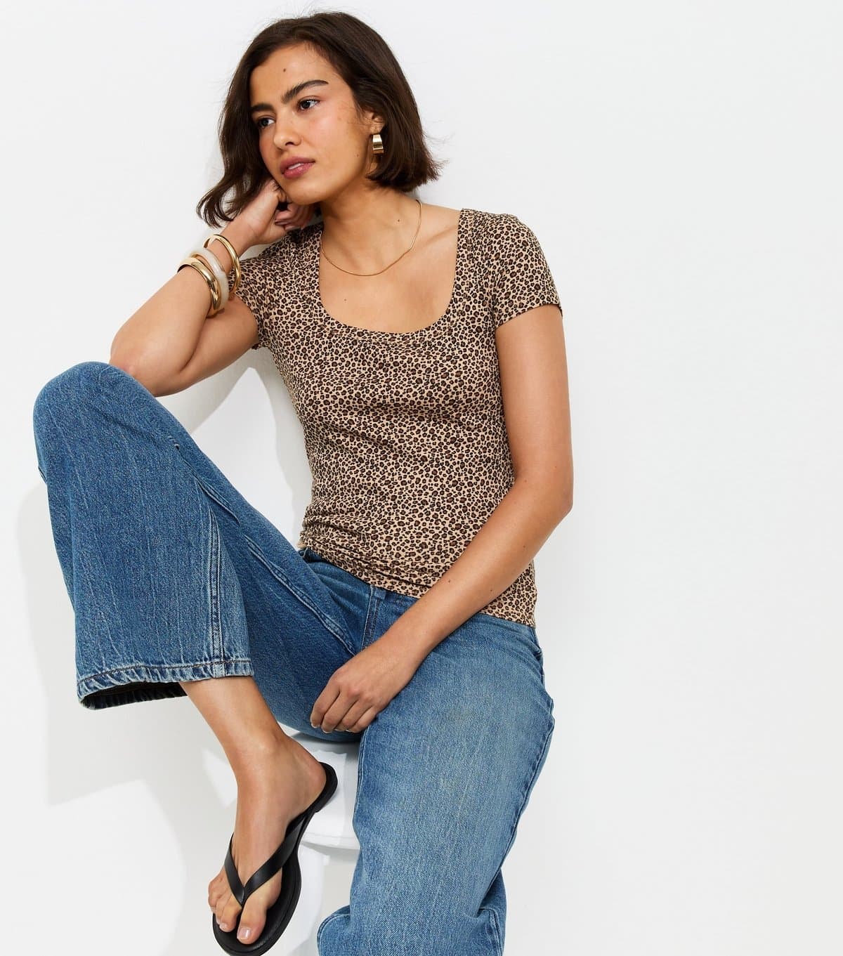 New Look Women's Brown Leopard Print Square Neck T-Shirt New Look