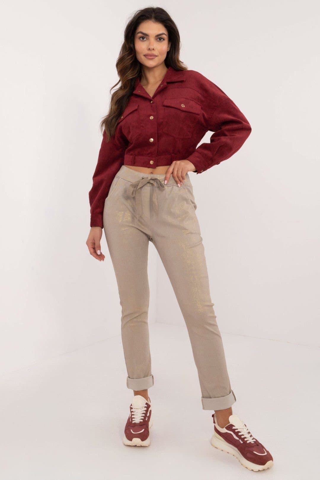 Love Lace Love Lace Women's Glossy Tapered Trouser with Tie in Beige