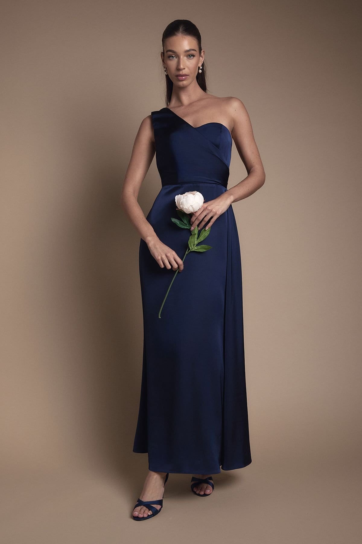 Coast Navy Satin One Shoulder Wrap Bodice Maxi Bridesmaid Dress