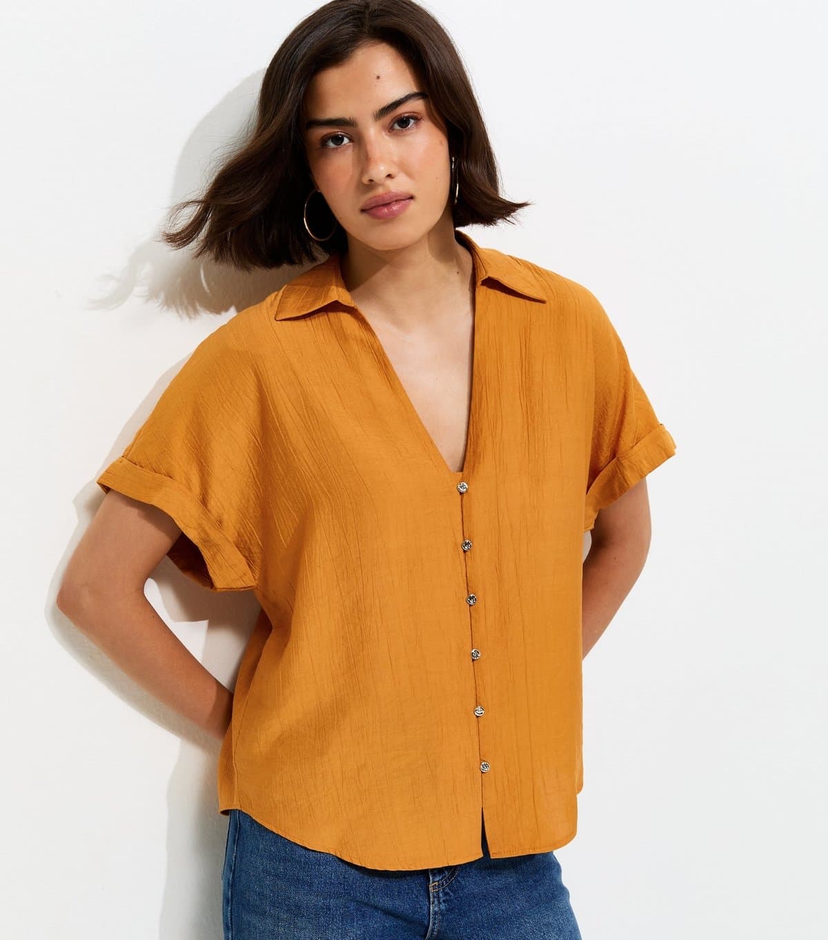 New Look New Look Dark Yellow Crinkled Short Sleeve Shirt
