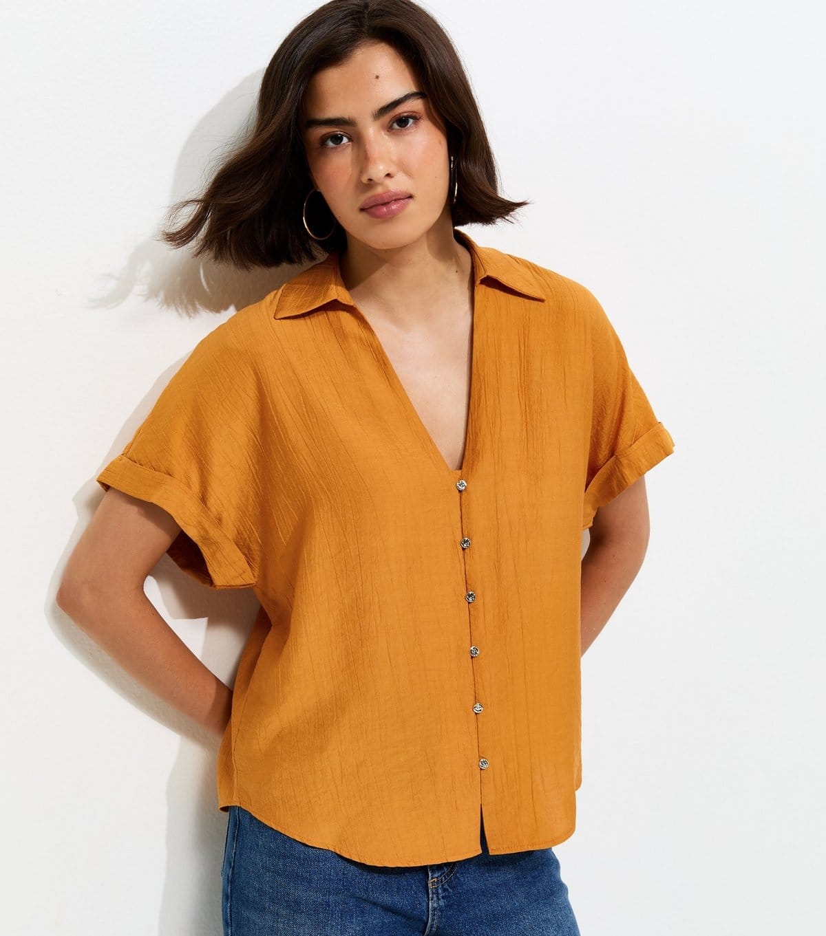 New Look Dark Yellow Crinkled Short Sleeve Shirt
