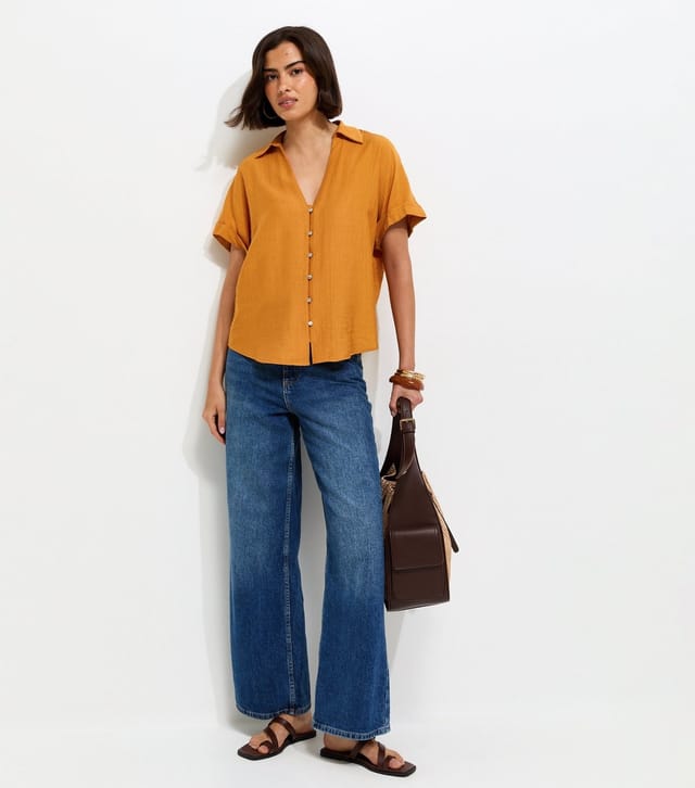 New Look Women's Dark Yellow Crinkled Short Sleeve Shirt New Look - 3