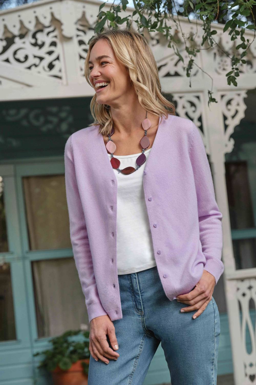 WoolOvers WoolOvers Women's Cashmere Merino Classic V Neck Cardigan in Lilac - 2