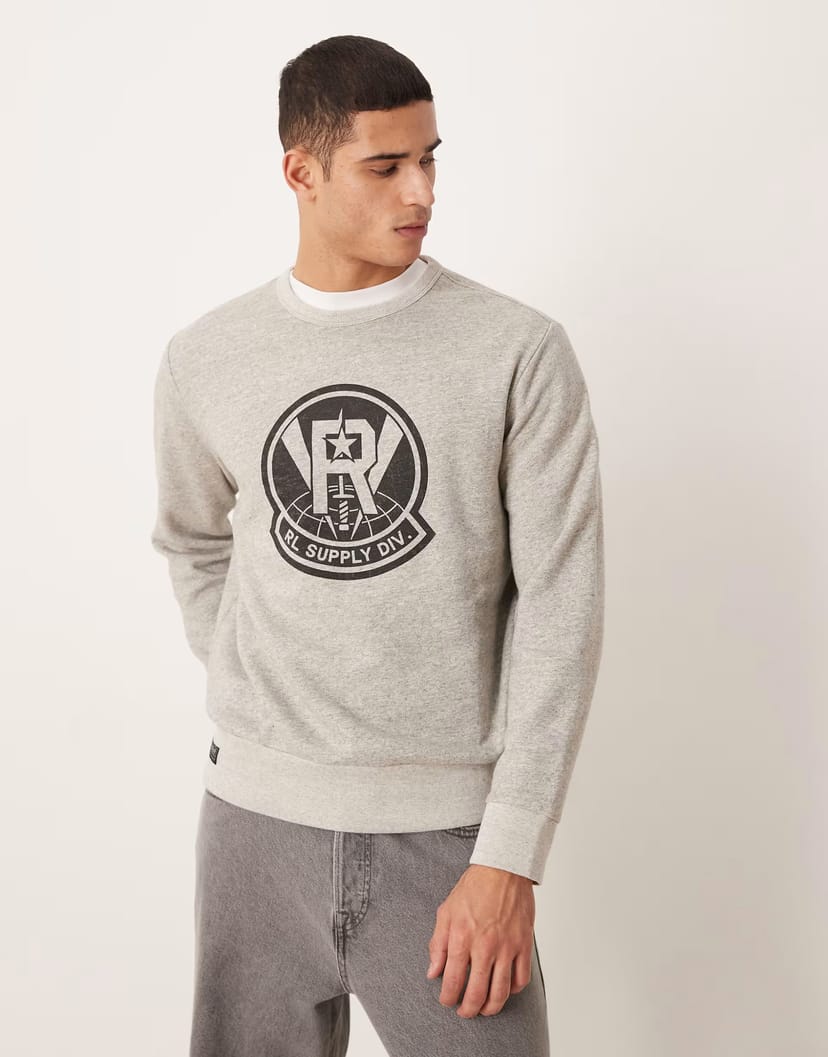 ASOS Polo Ralph Lauren large sport logo print fleece sweatshirt classic oversized fit in grey marl - 1