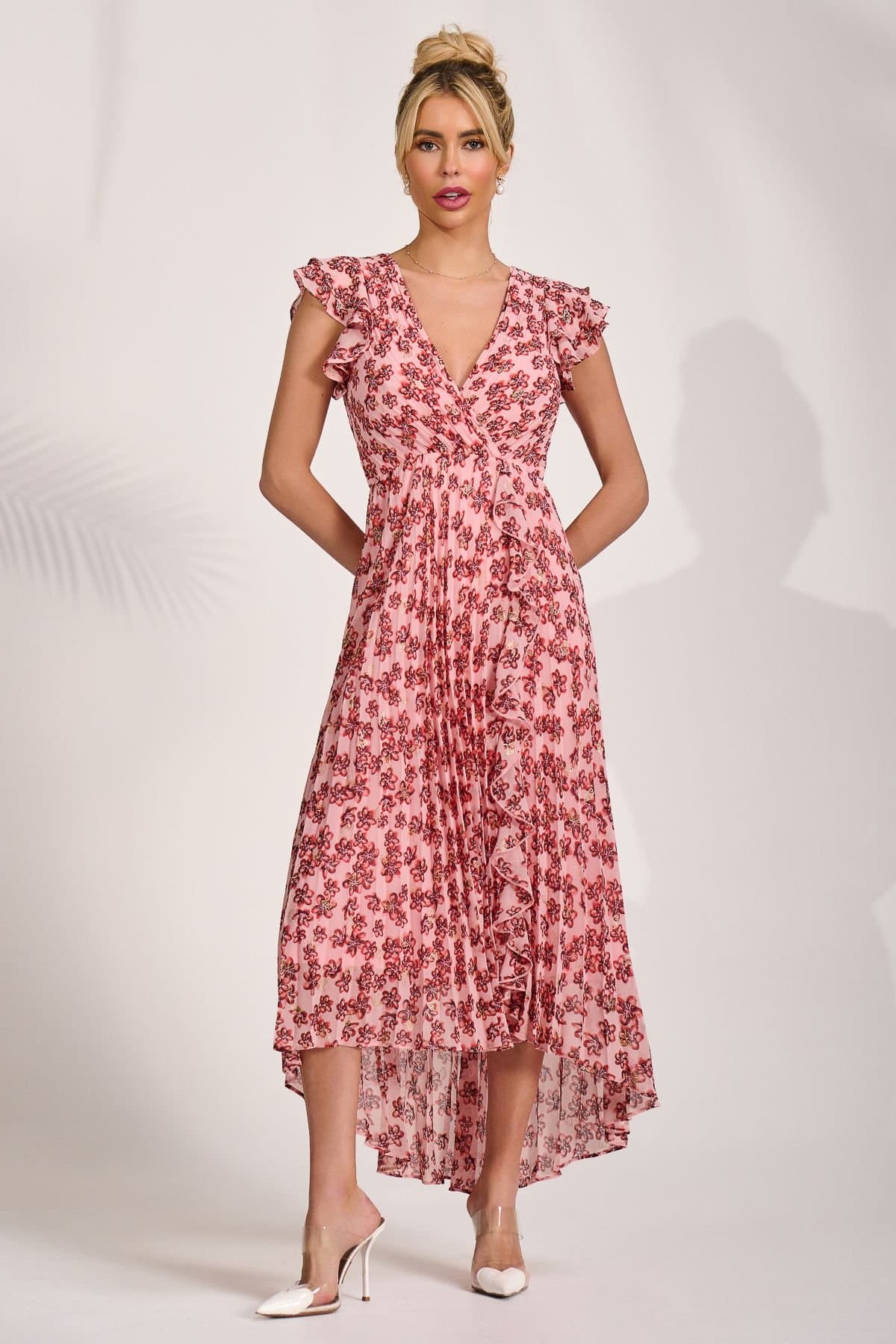 Jolie Moi Jolie Moi Women's Pleated Chiffon Dip Hem Maxi Dress in Pink