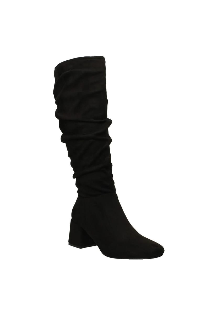 Down To Earth Down To Earth Women's Mid Block Heel High Leg Rouched Boot with Inside Zip in Black - 1