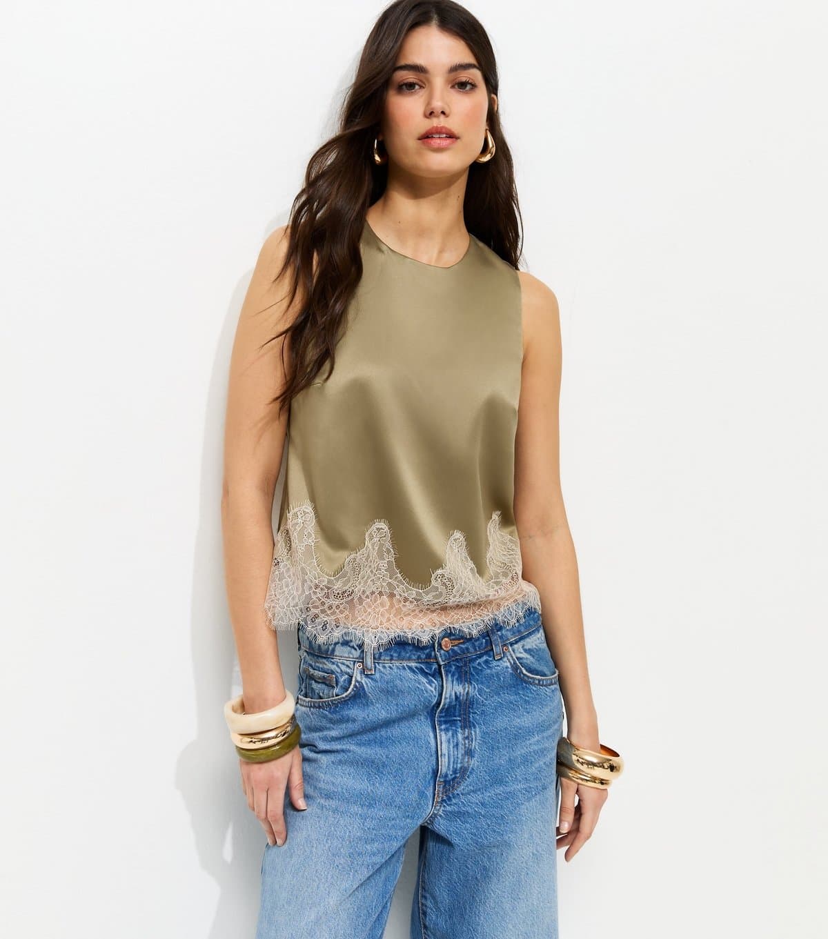 New Look Women's Light Khaki Satin Lace Hem Sleeveless Top New Look