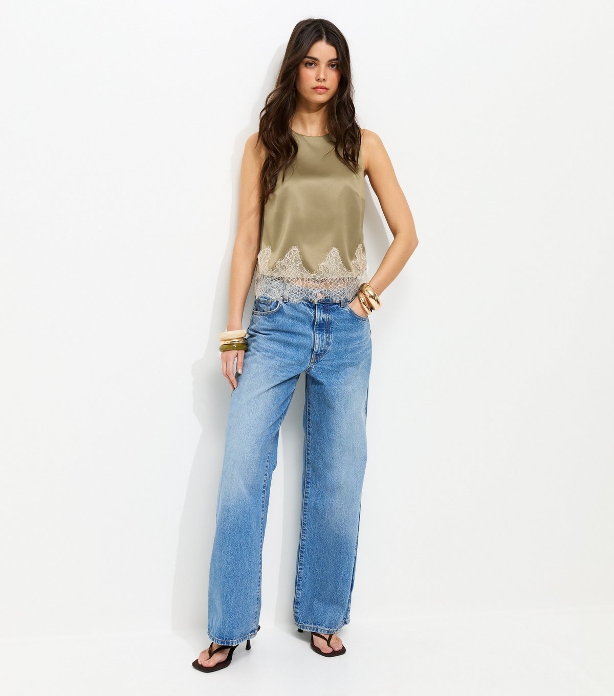 New Look Women's Light Khaki Satin Lace Hem Sleeveless Top New Look - 3