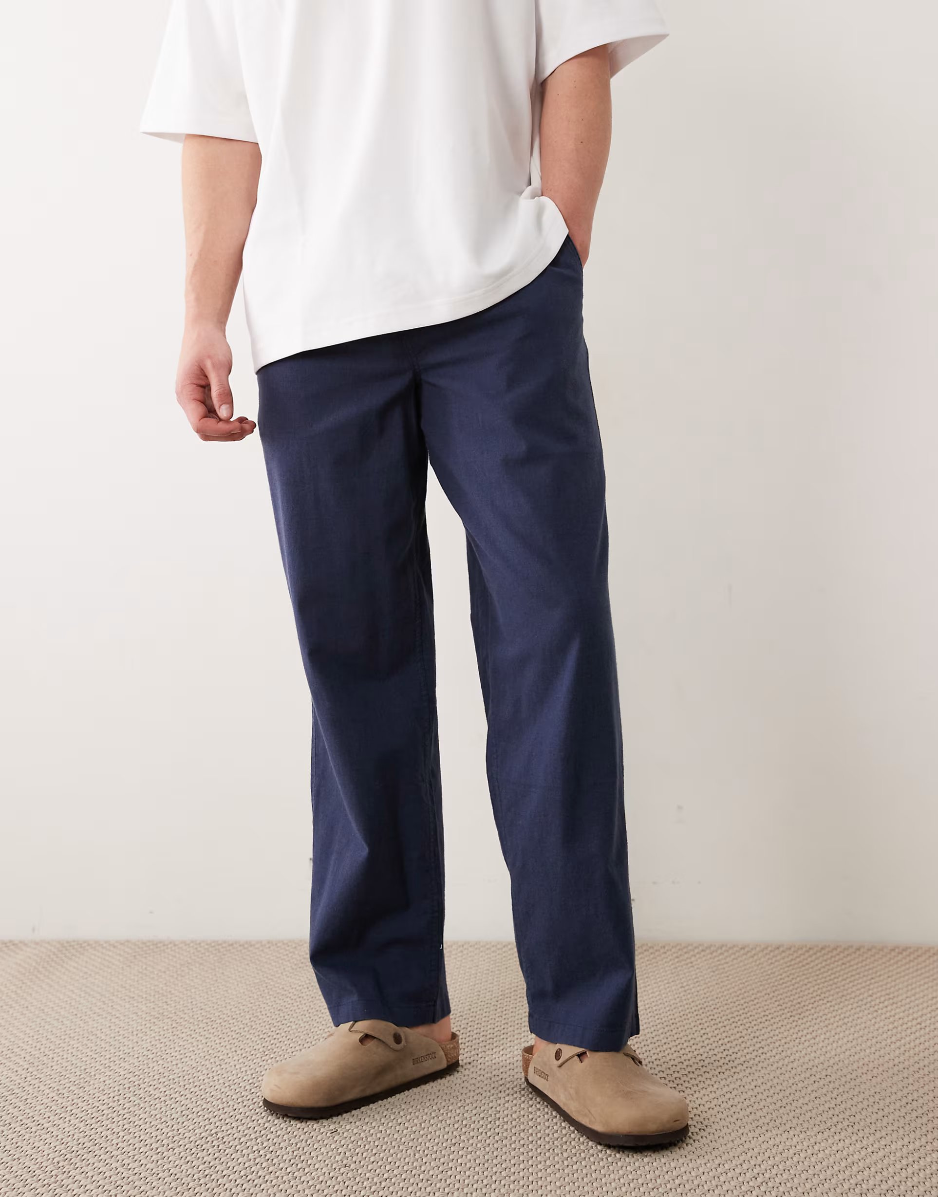 ASOS Jack & Jones loose linen mix drawstring trousers in navy - 1