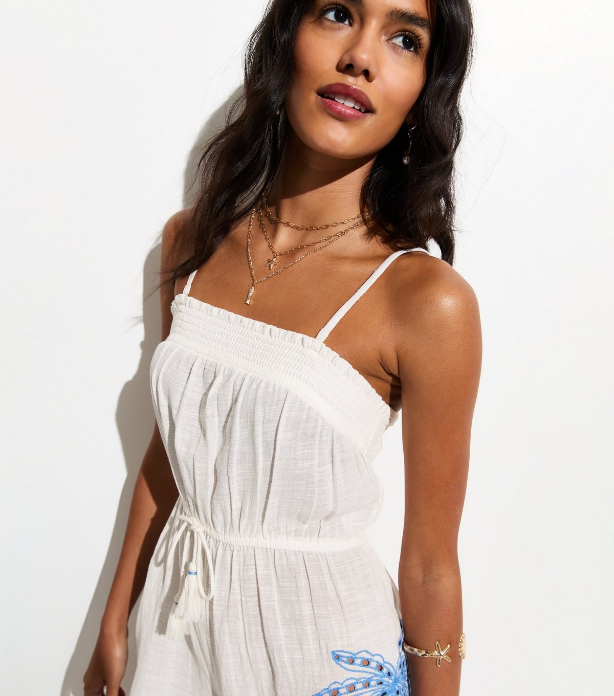 New Look Women's White Palm Tree Embroidered Openwork Beach Playsuit New Look - 2