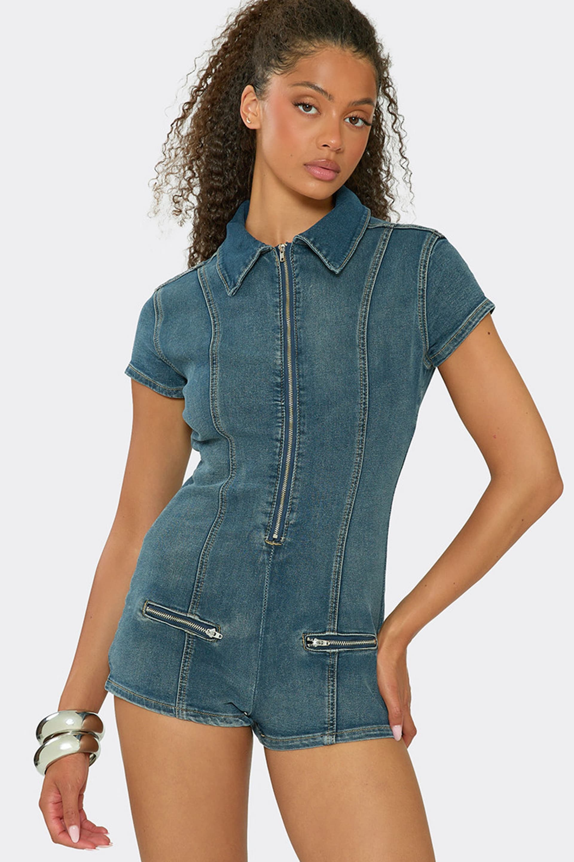 EGO EGO Women's Fitted Short Sleeve Zip Denim Playsuit in Mid Blue