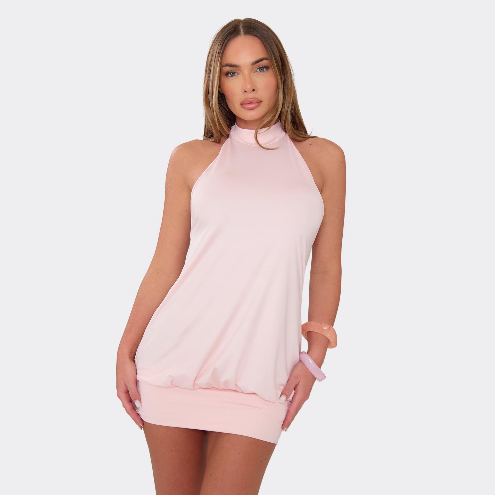 EGO High Neck Open Back Mini Dress In Baby Pink, Women's Size UK L