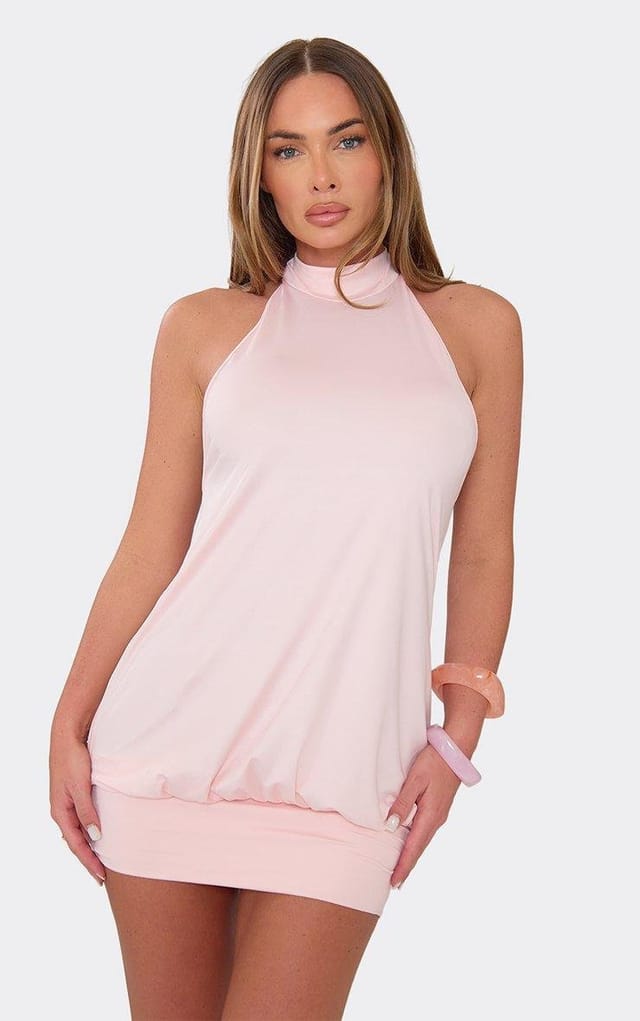 EGO High Neck Open Back Mini Dress In Baby Pink, Women's Size UK L - 2