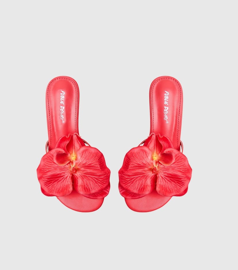 Public Desire Women's Bright Red Nikah Faux Leather 3D Floral Mule Sandals Public Desire New Look - 1