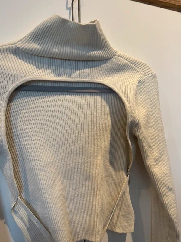 Nasty Gal Cream Ribbed Open Back High Neck Knit Top
