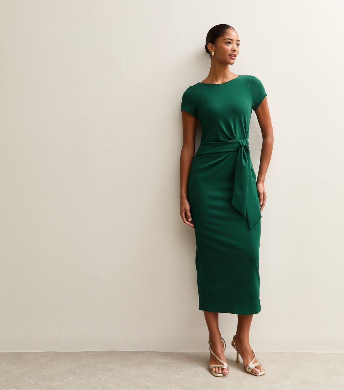 New Look Women's Dark Green Tie Front Short Sleeve Midi Dress New Look