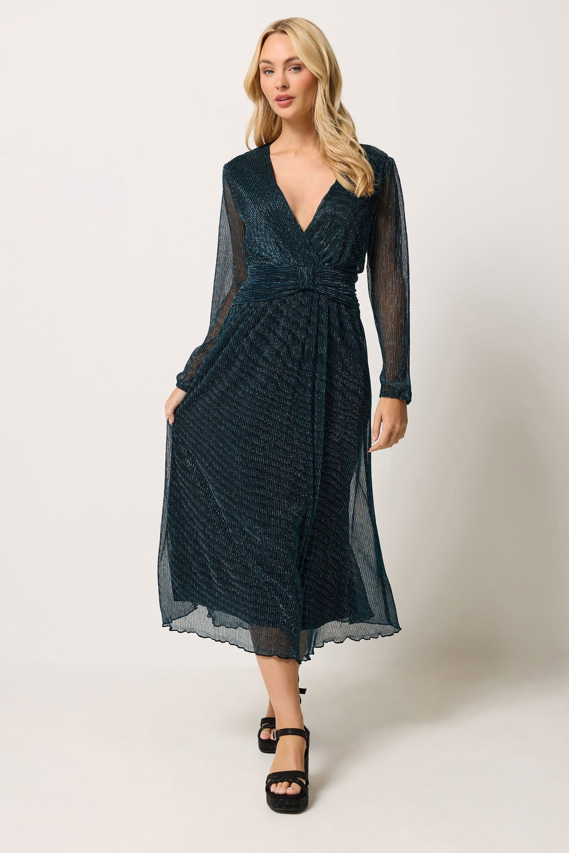 M&Co Teal Glitter Pleated Bow Waist Maxi Dress