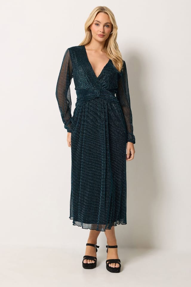 M&Co M&Co Women's Glitter Pleated Bow Waist Maxi Dress in Teal - 3