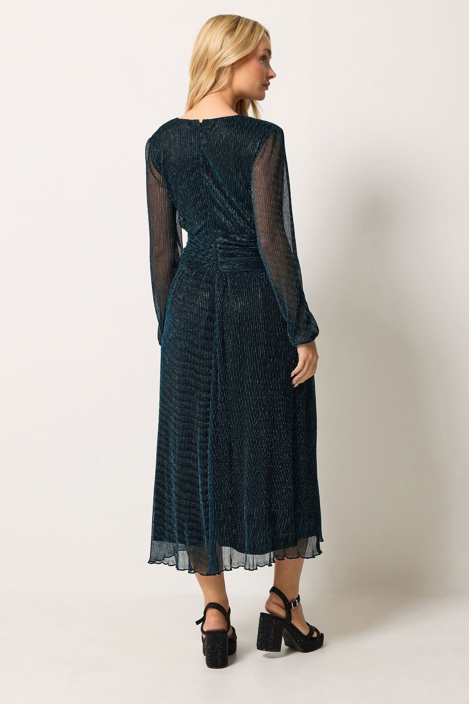 M&Co M&Co Women's Glitter Pleated Bow Waist Maxi Dress in Teal - 4