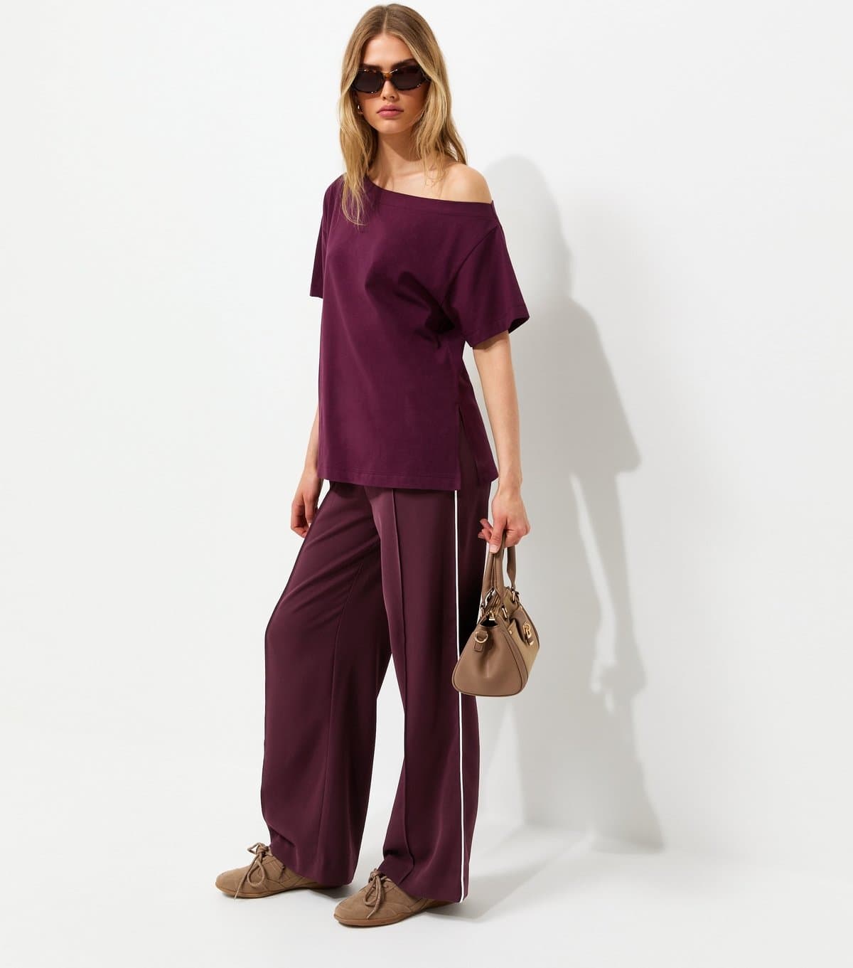 New Look Women's Dark Burgundy Pintuck Stripe Wide Leg Trousers New Look