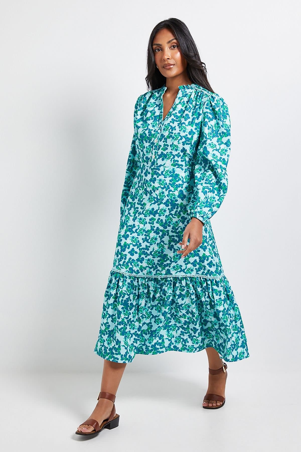 Wallis Wallis Women's Petite Floral Waffle Button Midi Dress in Green