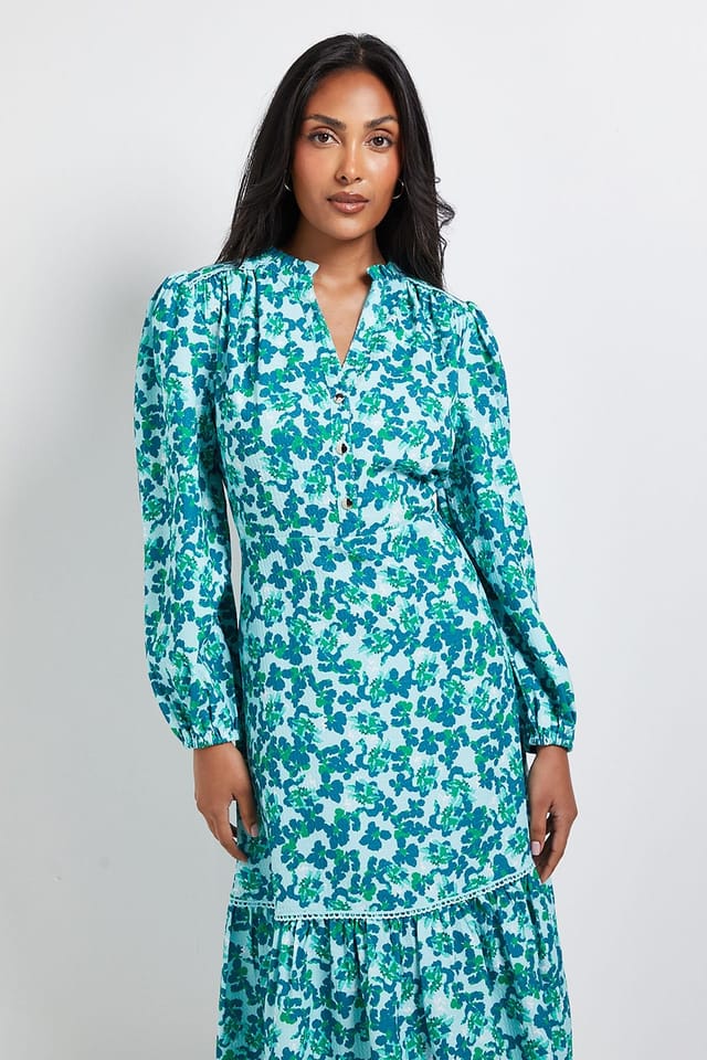 Wallis Wallis Women's Petite Floral Waffle Button Midi Dress in Green - 2