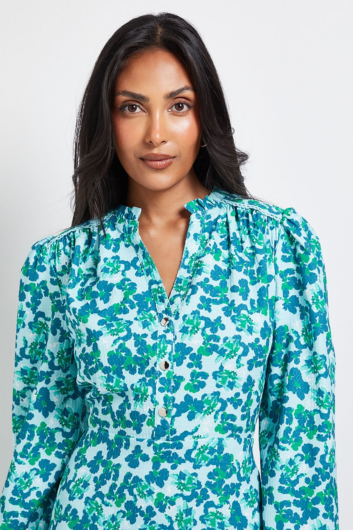 Wallis Wallis Women's Petite Floral Waffle Button Midi Dress in Green - 4