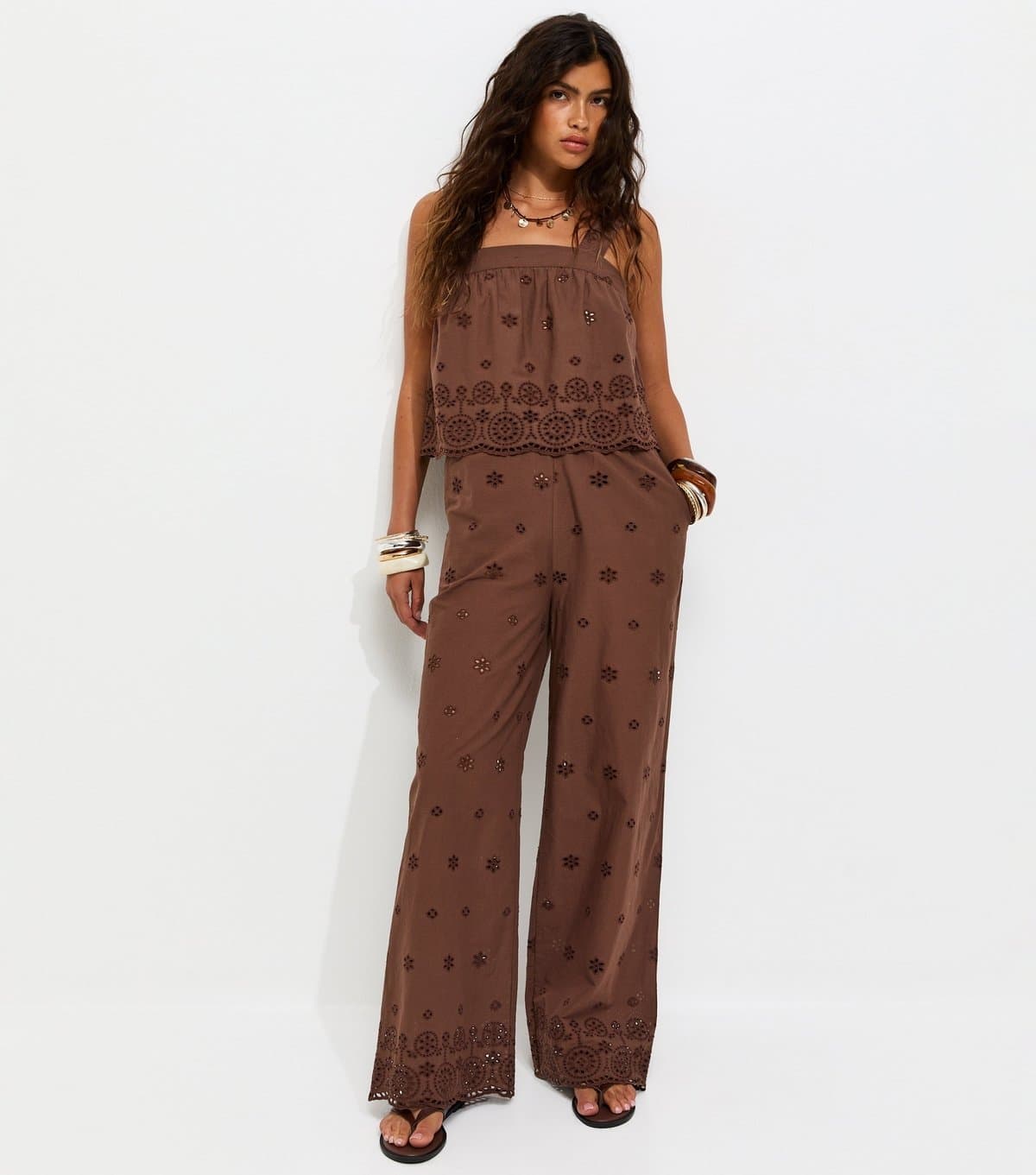 New Look Women's Brown Cotton Broderie Wide Leg Trousers New Look
