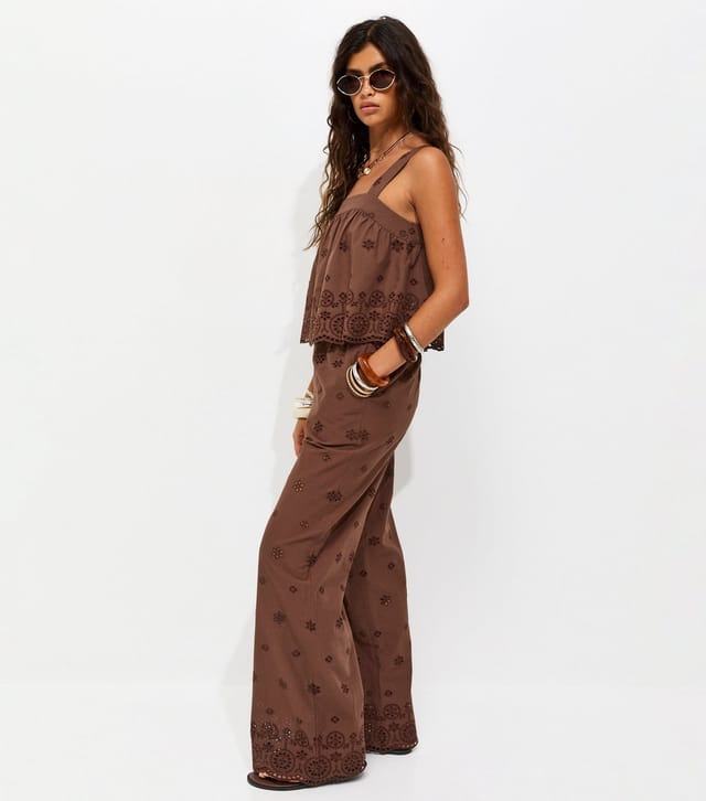 New Look Women's Brown Cotton Broderie Wide Leg Trousers New Look - 3