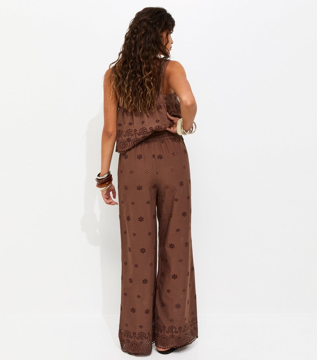 New Look Women's Brown Cotton Broderie Wide Leg Trousers New Look - 4